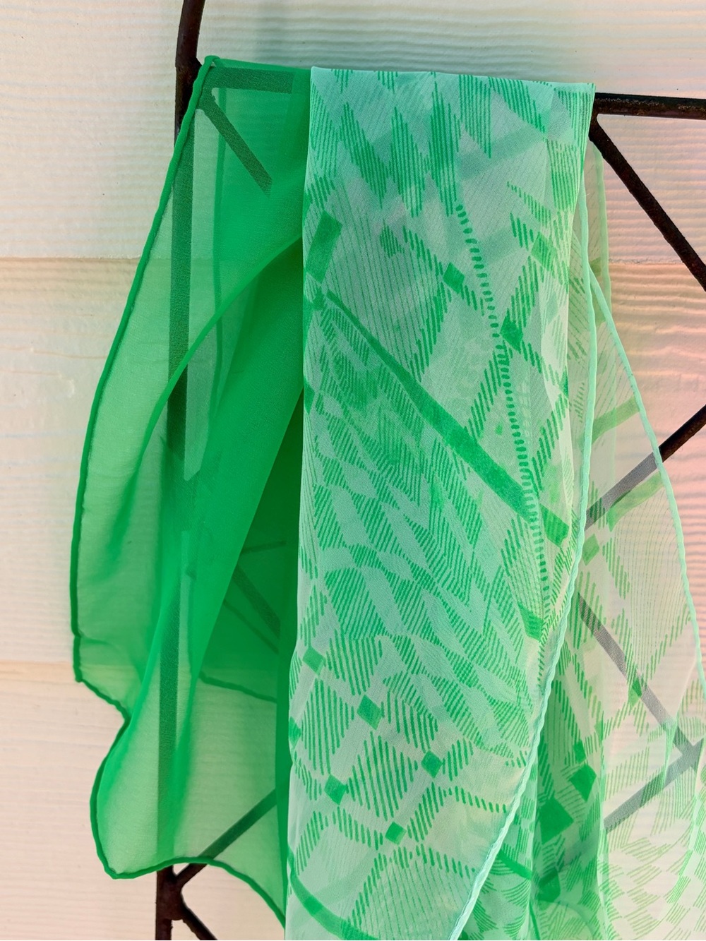 Set of two GREEN chiffon scarf scarves vintage floral sunflower trellis design